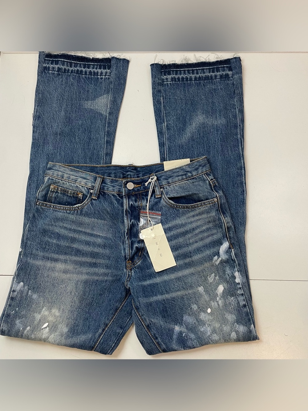 New MNML Flare Jeans Paint Splatter Blue Men's size 30 Streetwear Grunge
